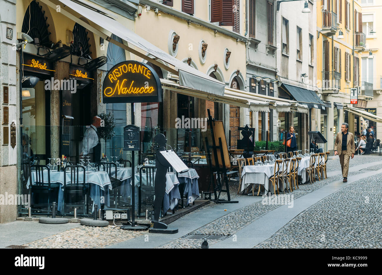 A restaurant in the fashionable Milan, Italy district of Brera at aperitivo time Stock Photo