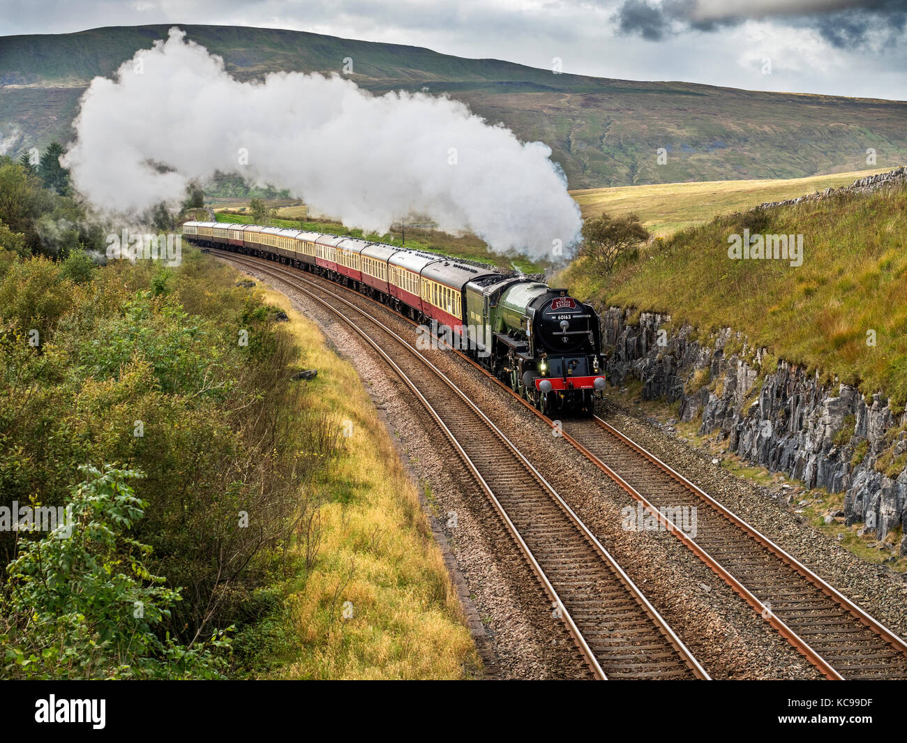 Tornado Steam Locomotive Hauling the Border Raider after departure from Ribblehead Station Yorkshire Dales England Stock Photo