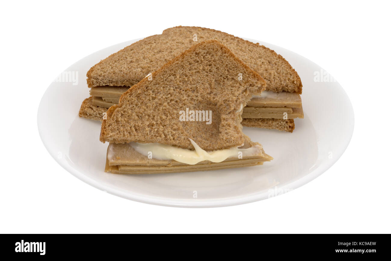 A tofu turkey slice sandwich on wheat bread with mayonnaise that has