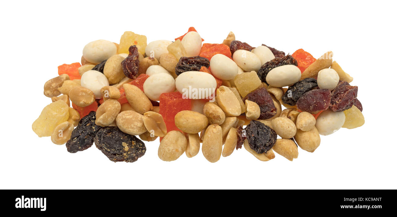 A portion of yogurt covered raisin trail mix isolated on a white background Stock Photo Alamy