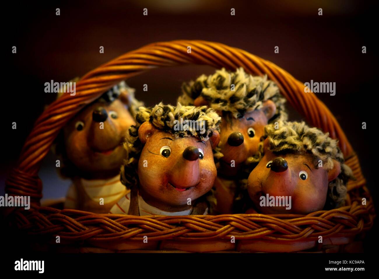 Hedgehog dolls.in the basket. Stock Photo