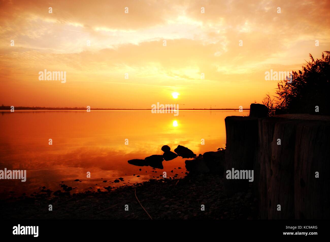 A colorful golden sunset with clouds at the lake Stock Photo - Alamy