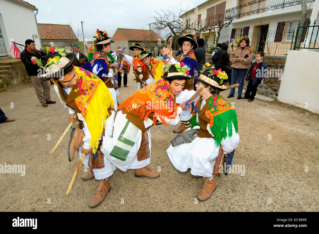 A popular group (Pauliteiros de Miranda) that practice an ancient iberian warrior dance. Traditional winter festivities in Constantim. Trás-os-Montes, Stock Photo