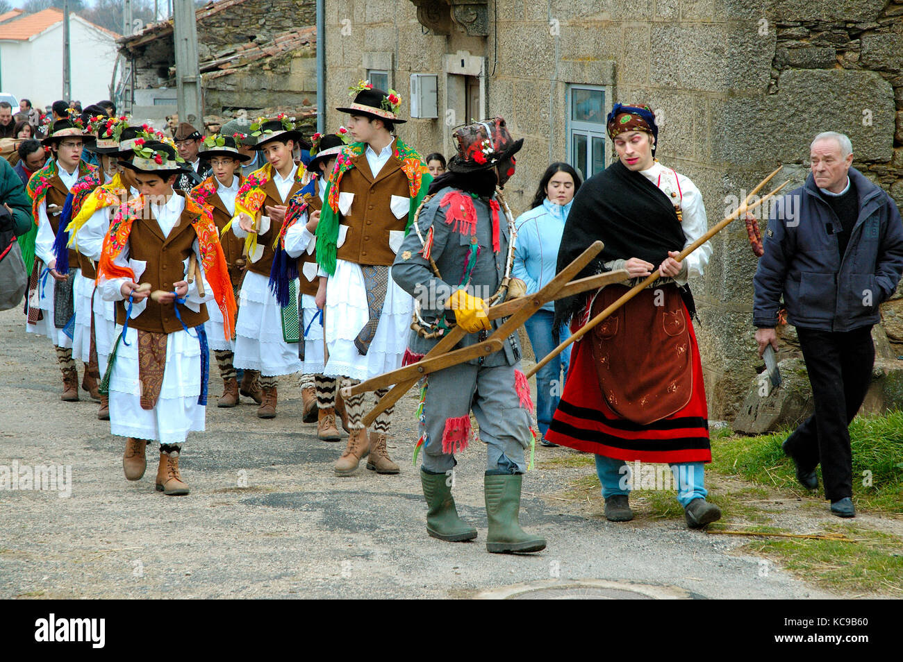 A popular group (Pauliteiros de Miranda) that practice an ancient iberian warrior dance. Traditional winter festivities in Constantim. Trás-os-Montes, Stock Photo