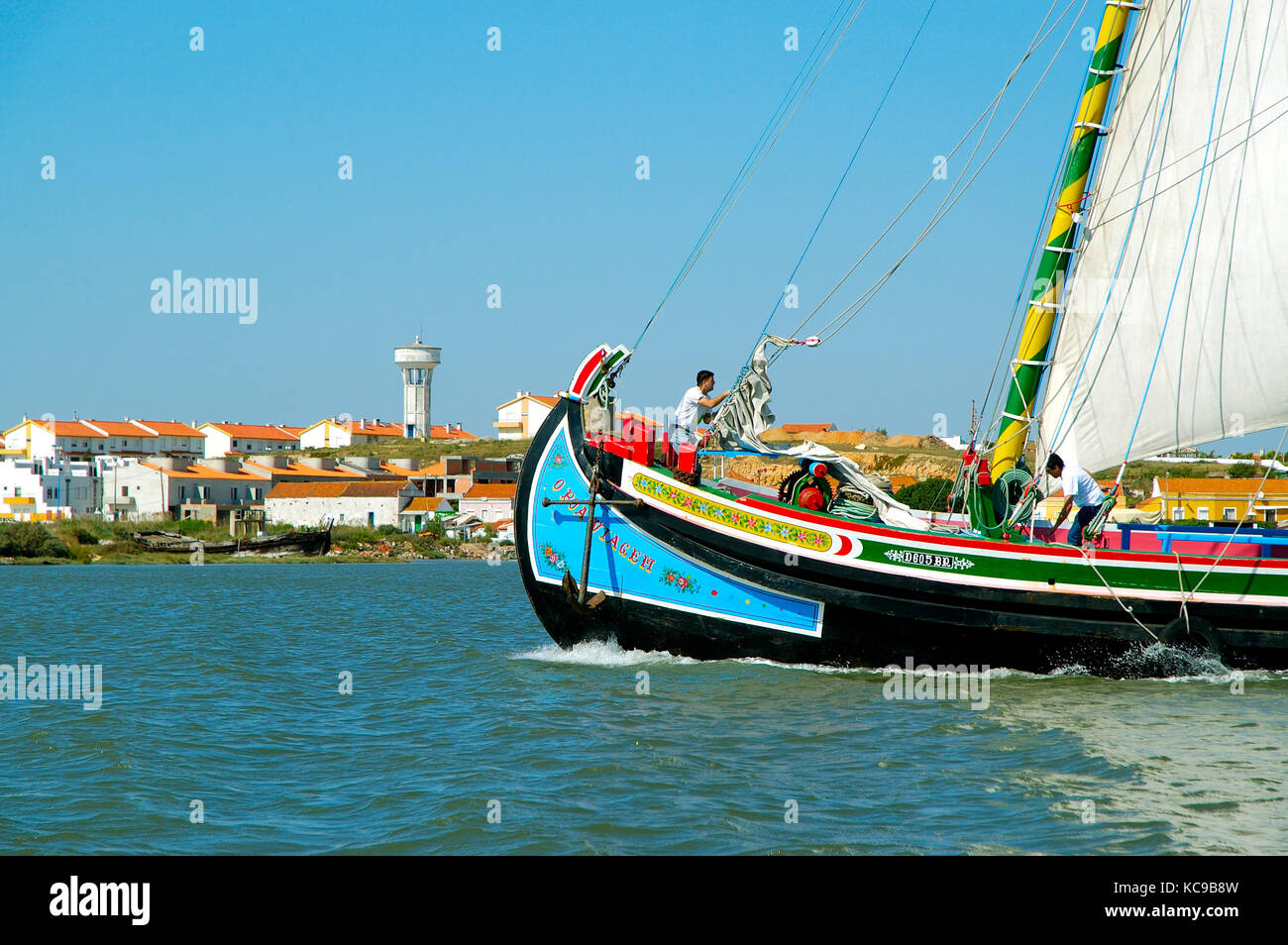 Traditional boat sailing in the Tagus river. Portugal Stock Photo