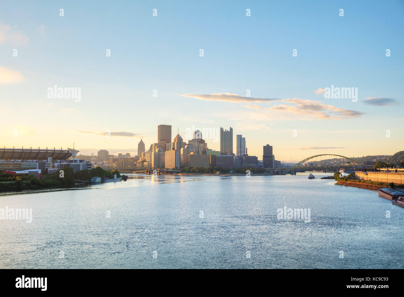 Pittsburgh cityscape with the Ohio river in the morning Stock Photo