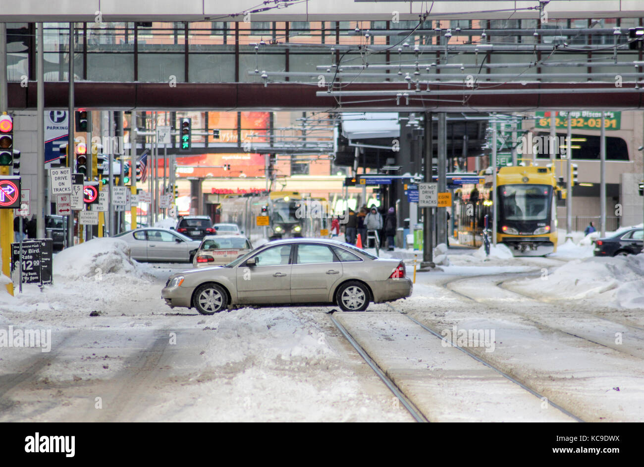 MINNEAPOLIS, MINNESOTA/USA – JANUARY 15, 2011: A downtown Minneapolis intersection in the middle of Winter. Stock Photo