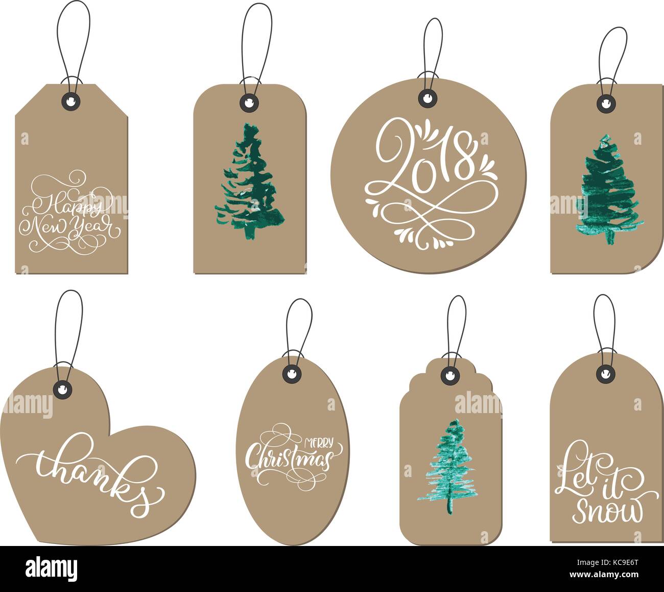 collection of kraft paper christmas gift tags. Calligraphy lettering