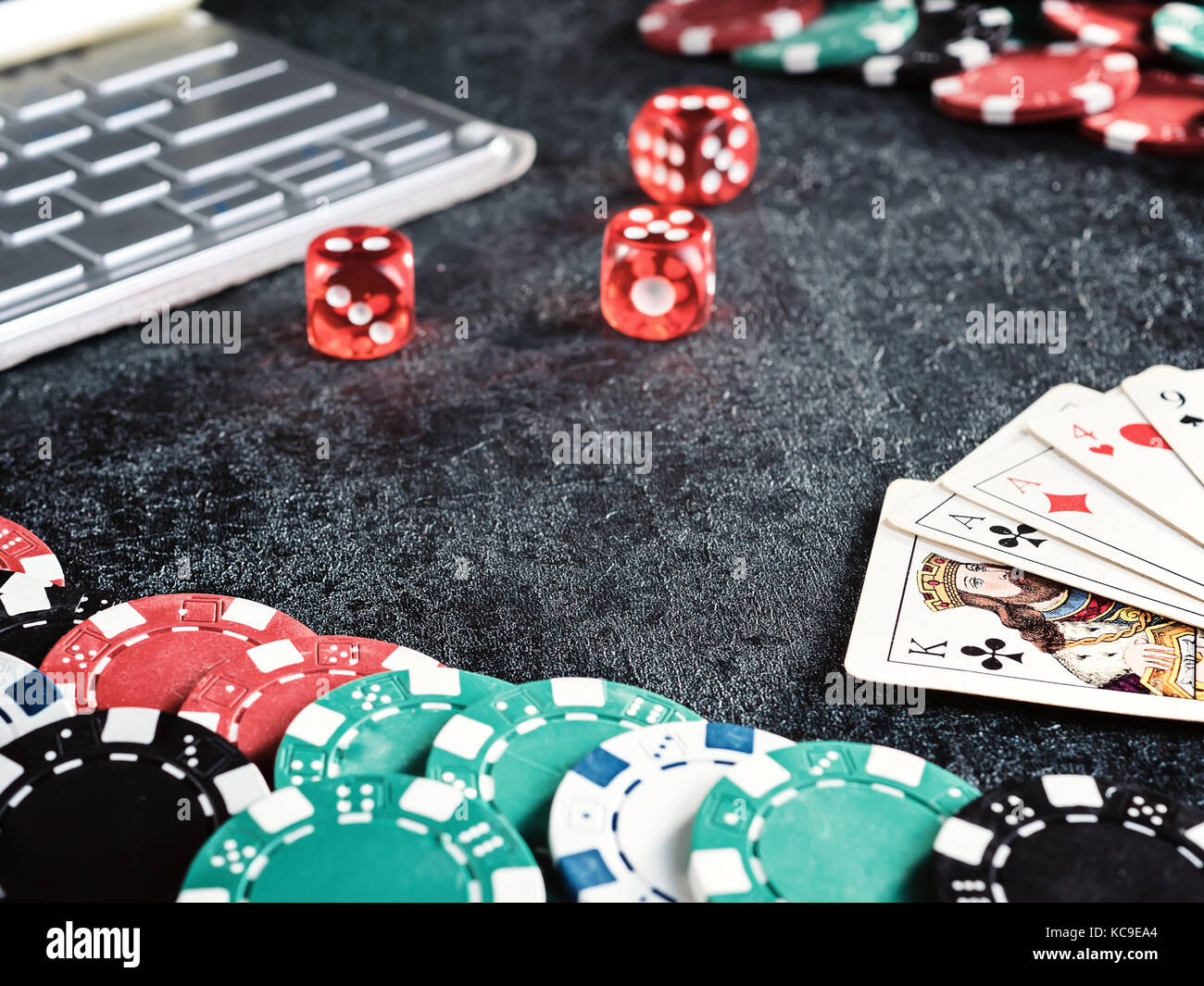 Set of poker chip or counter with card, dice computer. Player open card in table. Gambling game