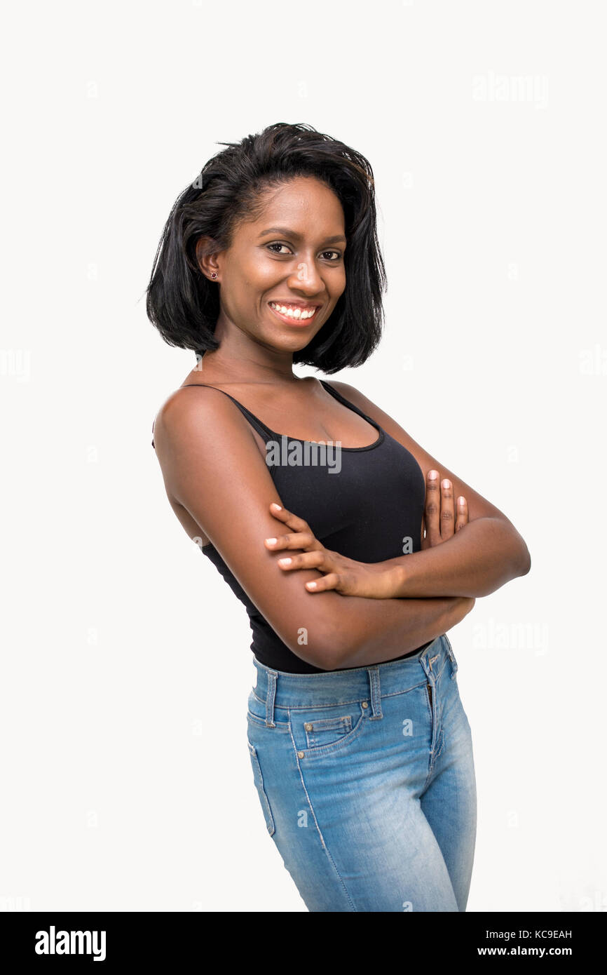 Woman with crossed arms sideview Stock Photo