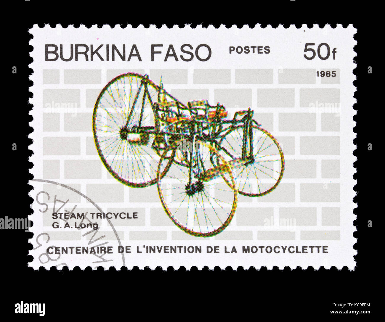 Postage stamp from Burkina Faso depicting a G. A. Long steam motorcycle, centennial of the invention of the motorcycle. Stock Photo