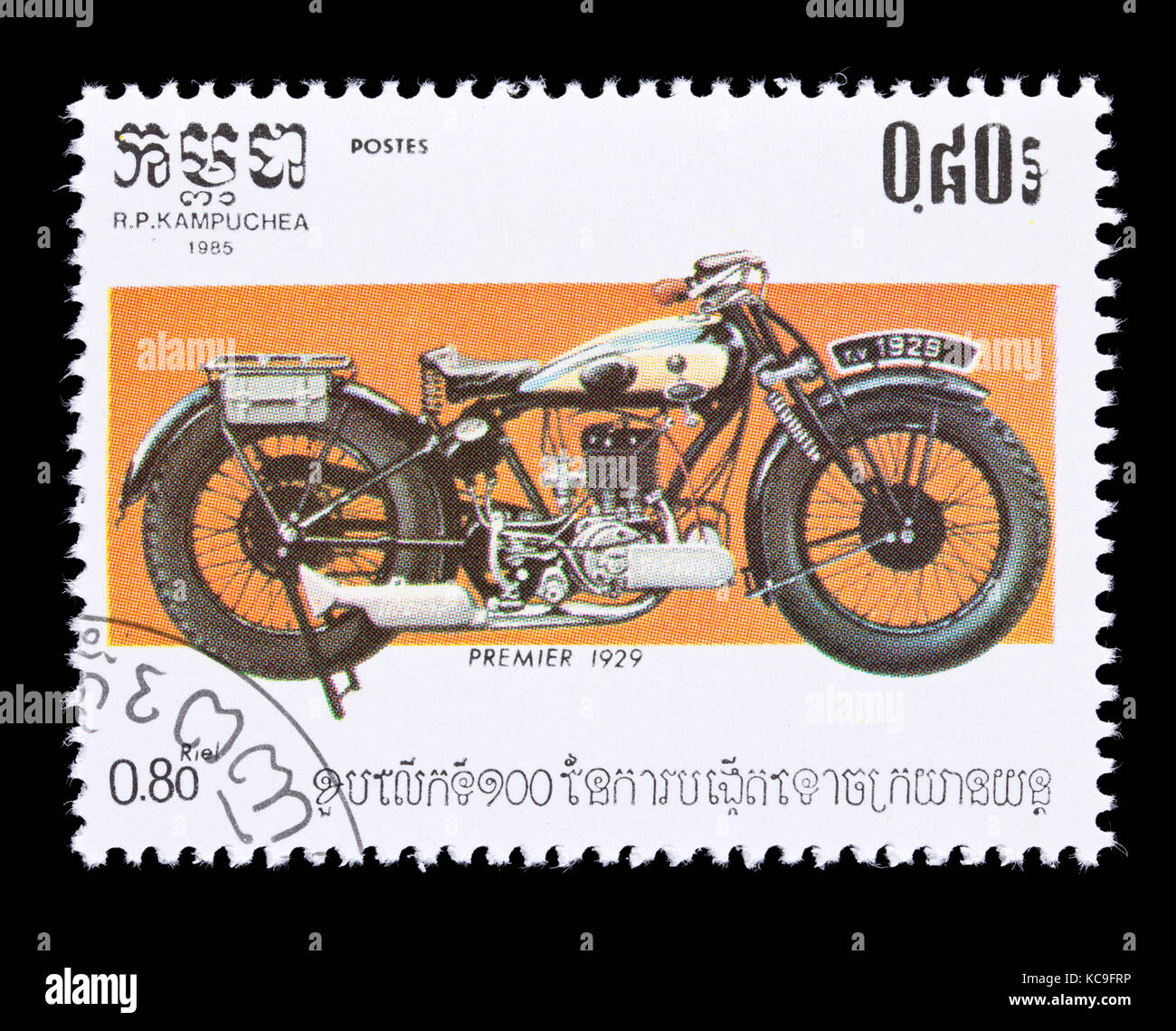 Postage stamp from Cambodia (Kampuchea) depicting a 1929 Premier motorcycle Stock Photo