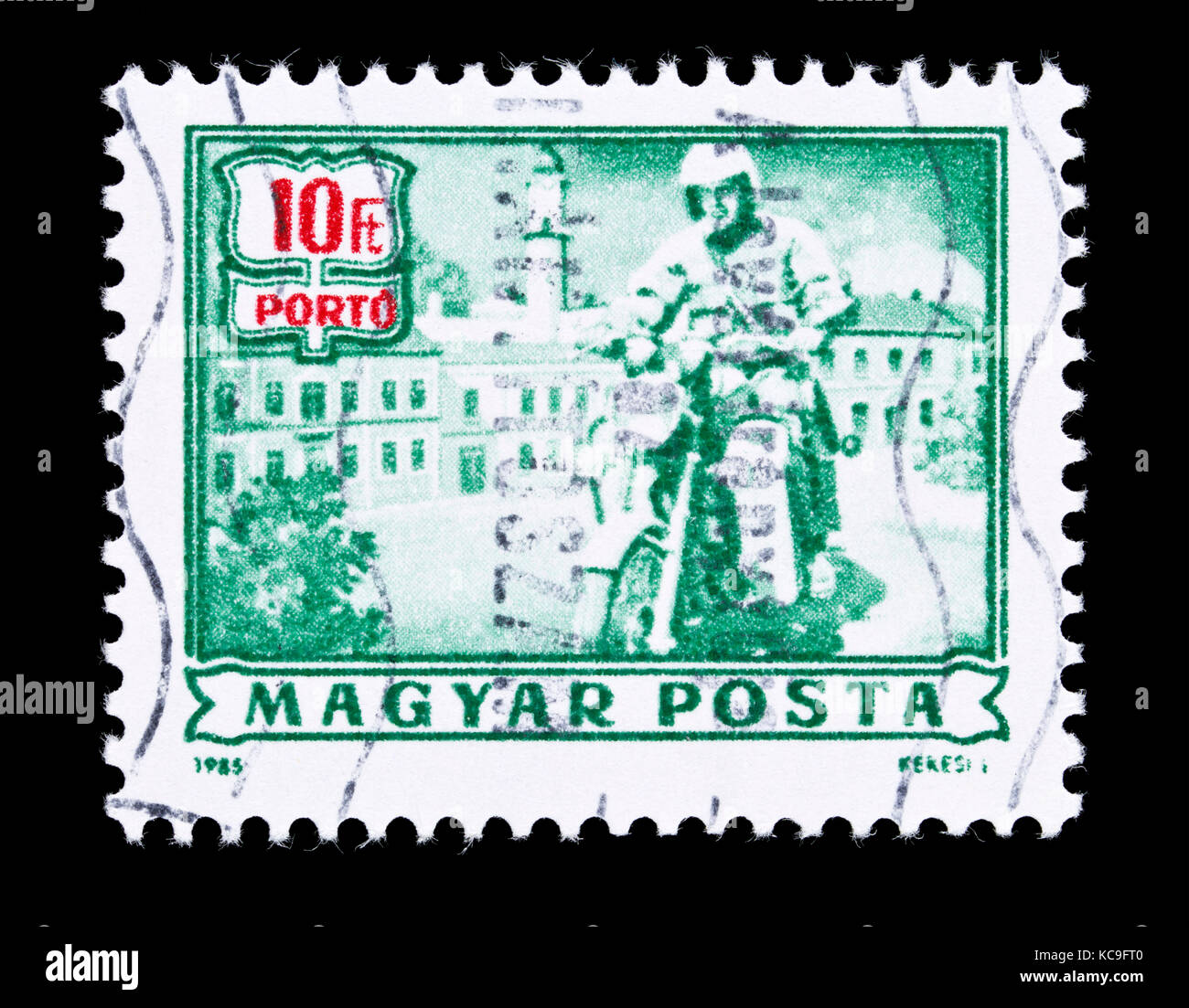 Postage due stamp from Hungary depicting a mailman riding a motorcycle. Stock Photo