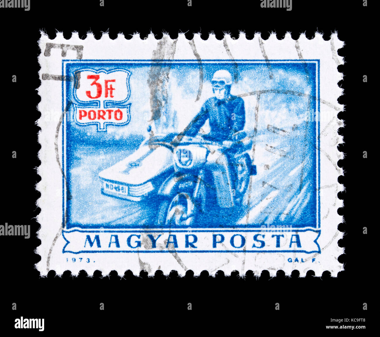 Postage due stamp from Hungary depicting a mailman on a motorcycle with a sidecar. Stock Photo