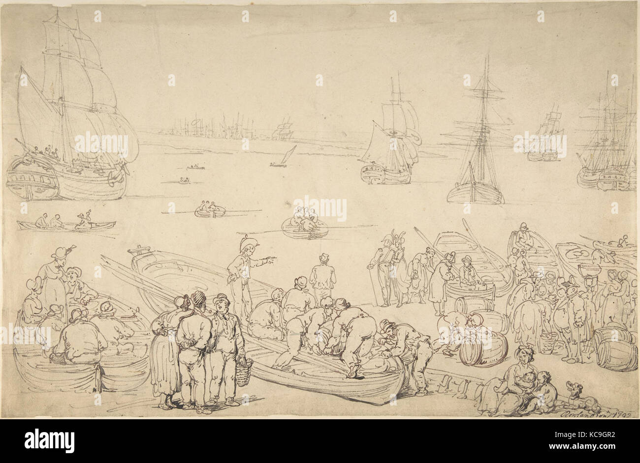 Seaport, 1792, Pen and Ink, sheet: 10 13/16 x 16 1/2 in. (27.5 x 41.9 cm), Drawings, Thomas Rowlandson (British, London 1757 Stock Photo