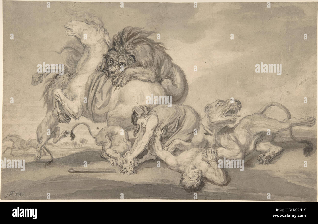 Lions Attacking Two Men and a Horse, Attributed to James Ward, 1801–59 Stock Photo