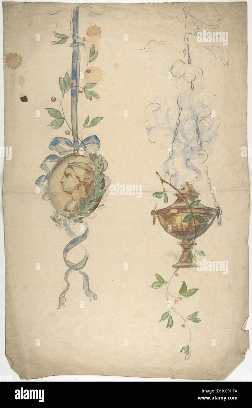 Designs for Trophies Containing Medallion and Urn, Anonymous, British, 19th century, 19th century Stock Photo
