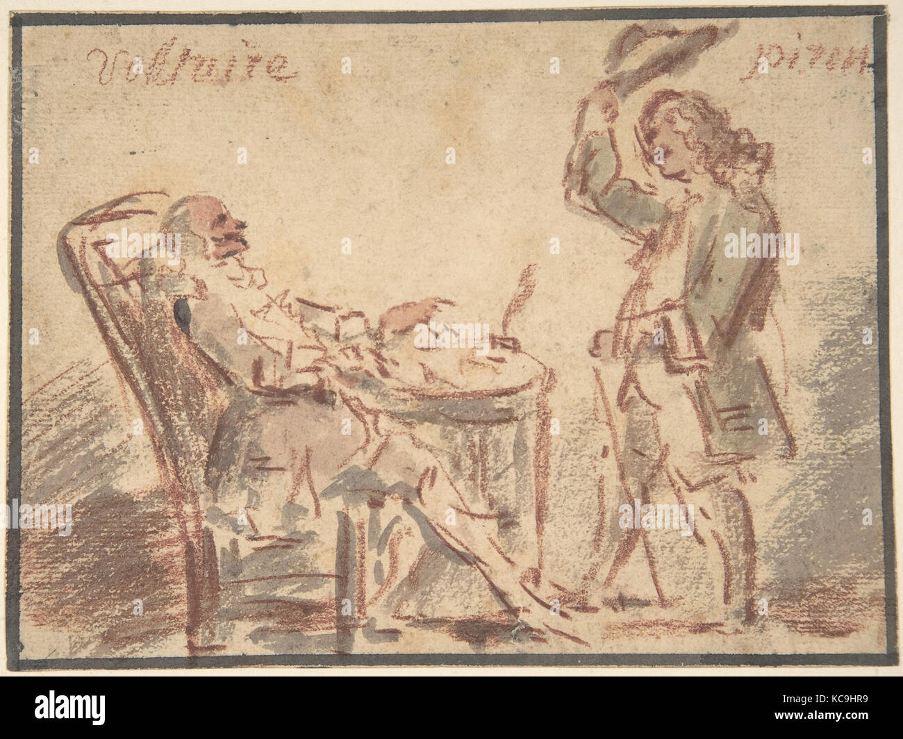 Voltaire and Piron, n.d., Red chalk, pink and gray wash, 5 1/8 x 6 3/4 in. (13 x 17.2 cm), Drawings, Circle of Claude Gillot Stock Photo