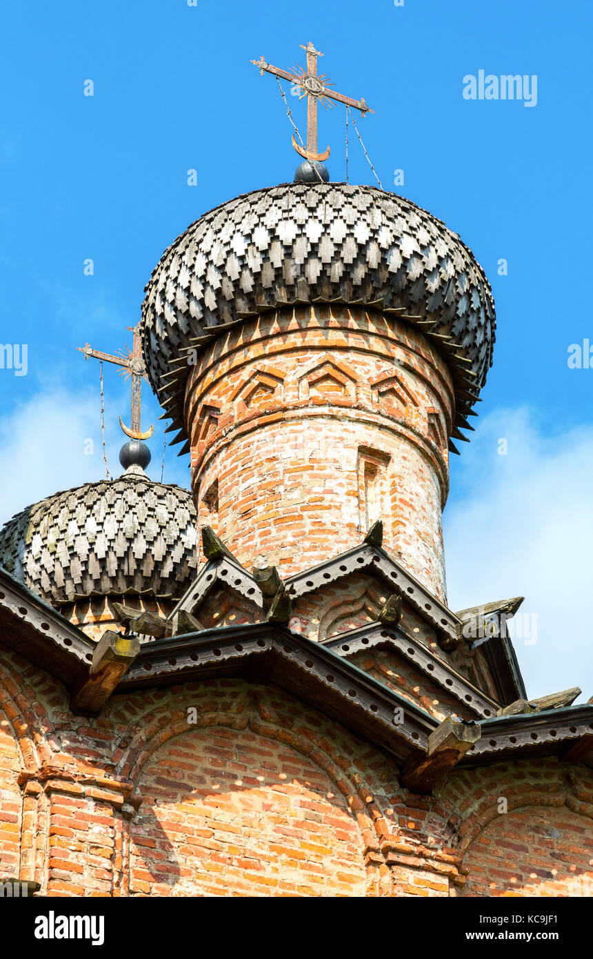 Wooden dome with orthodox cross of ancient russian church against the ...