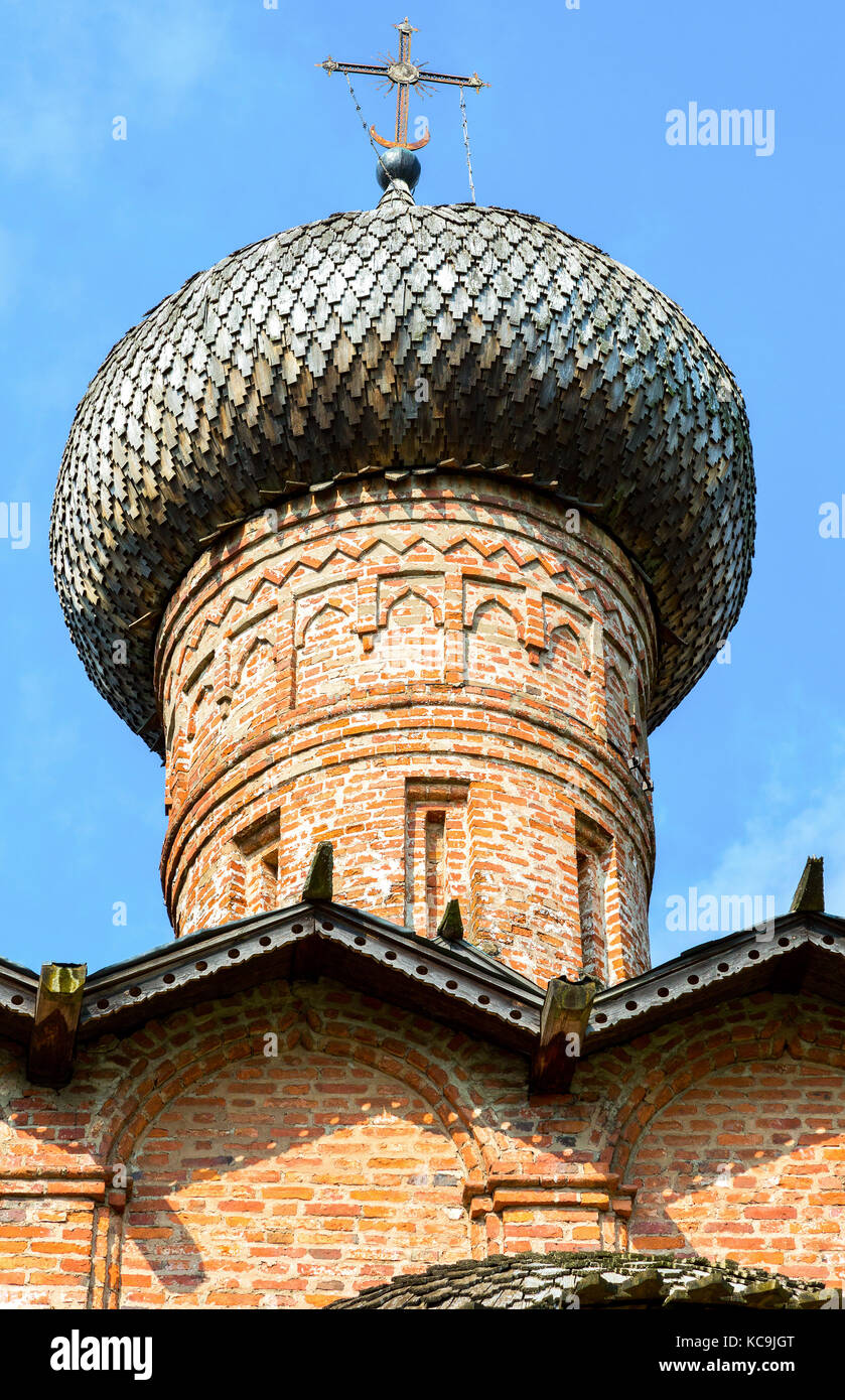 Wooden dome with orthodox cross of ancient russian church against the ...