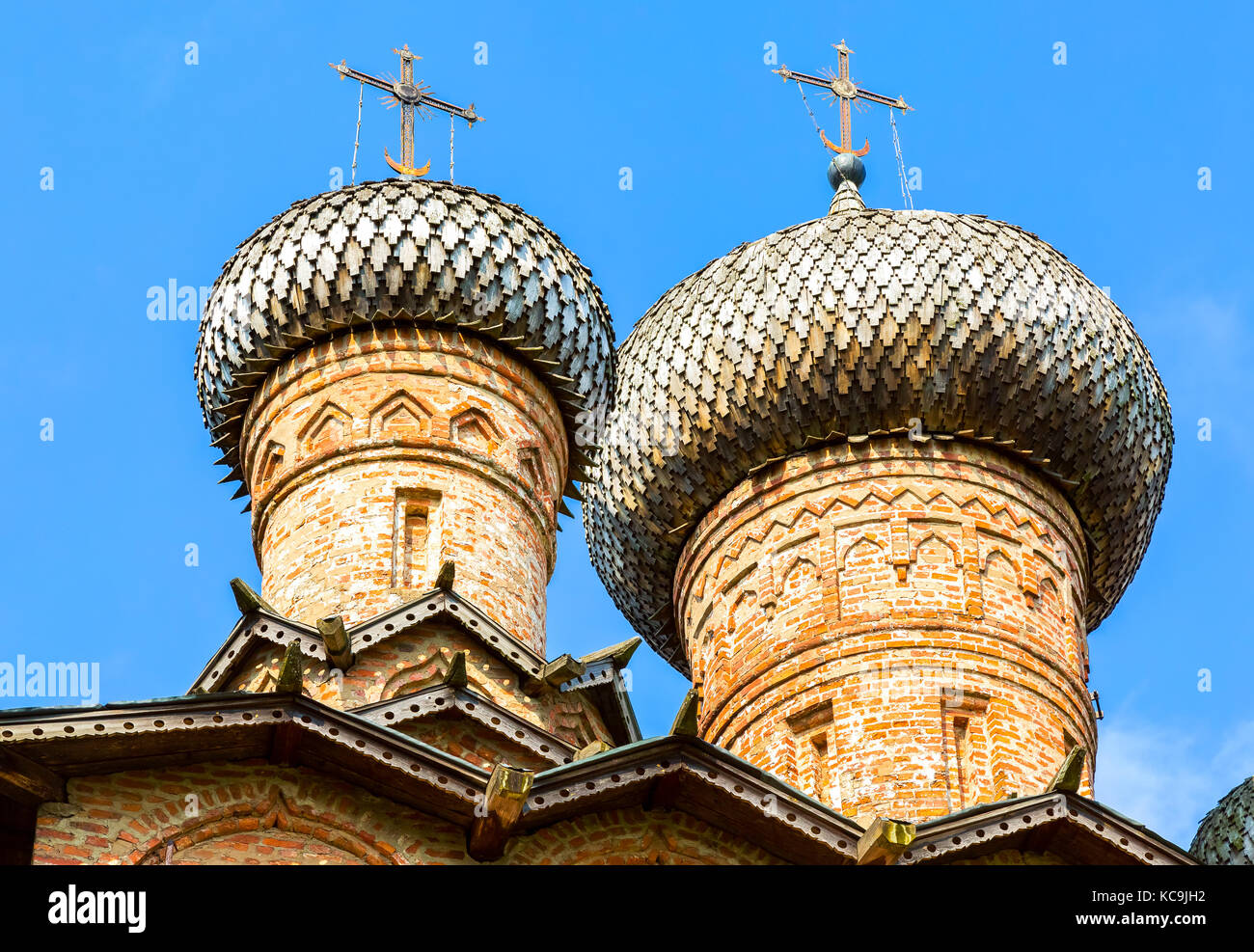 Wooden dome with orthodox cross of ancient russian church against the ...