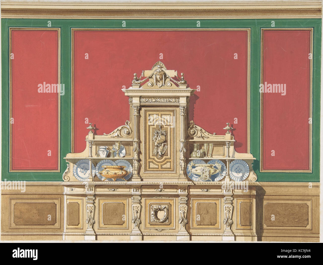 Interior Design for Large Display Cabinet against Red and Green Panelling, Anonymous, British, 19th century, late 19th century Stock Photo