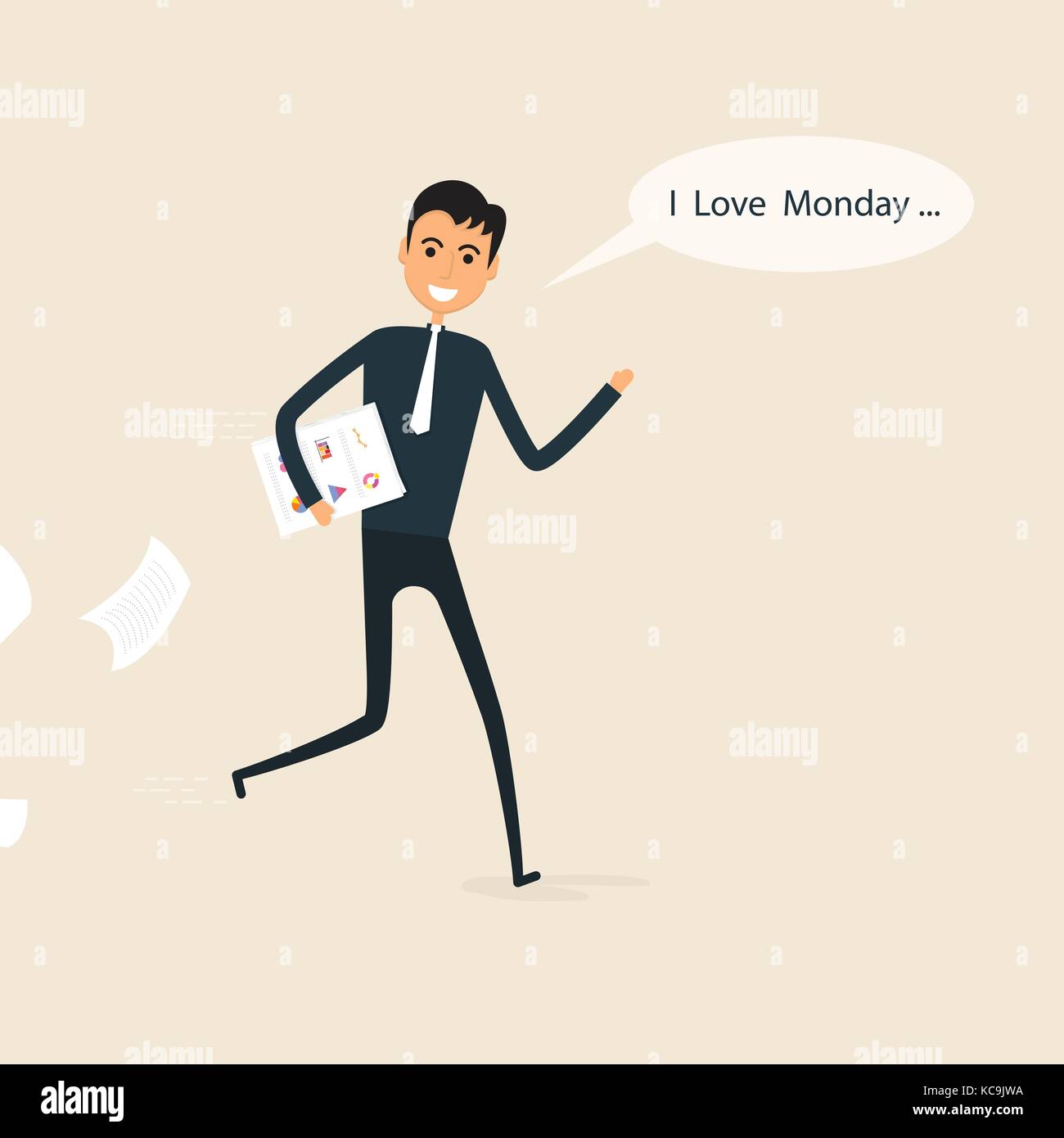 Happy businessman and reports in a his hand with I love monday in the speech bubble.I love monday concept.Cartoon and businessman symbol, business con Stock Vector