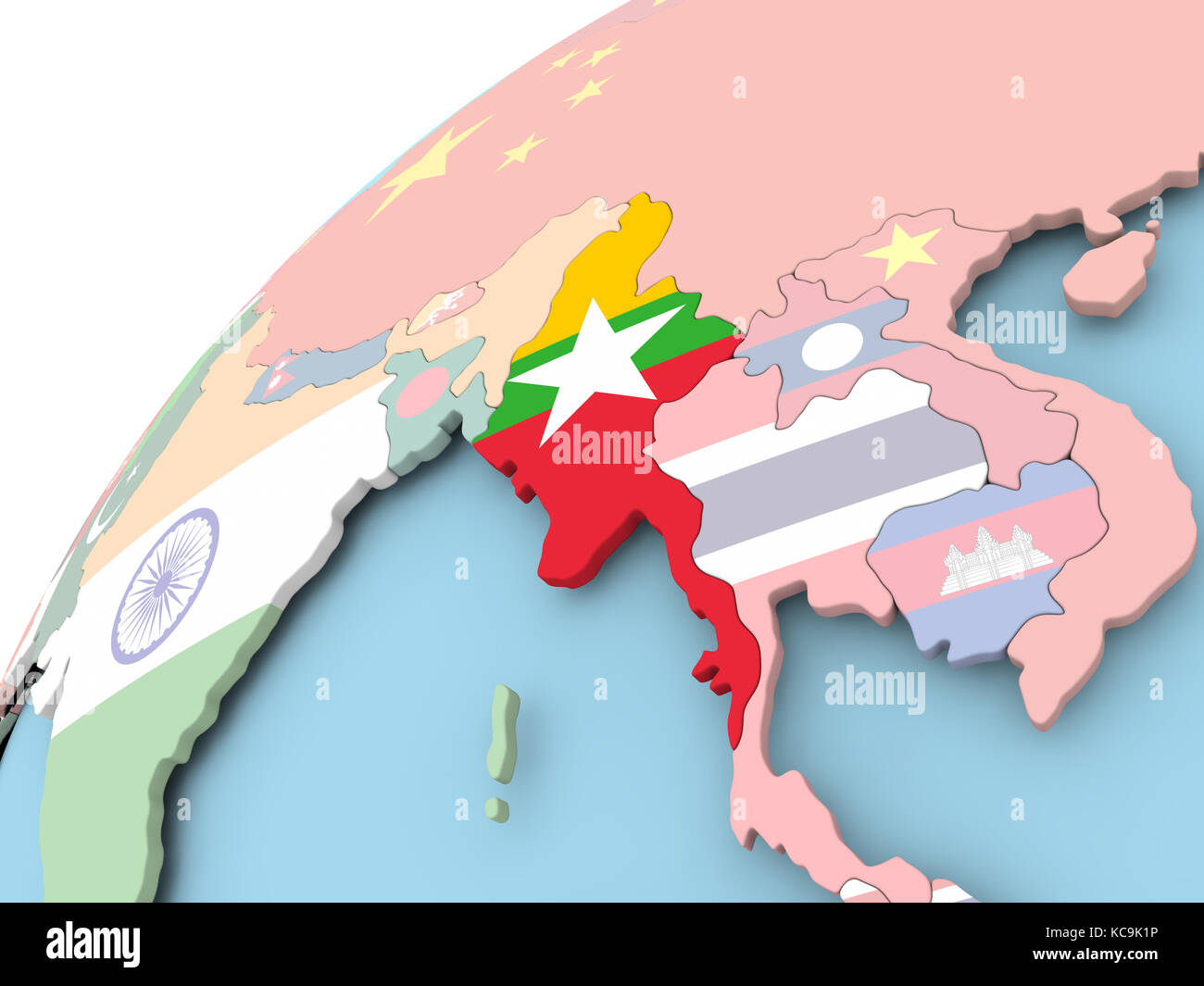 Map Of Myanmar On Political Globe With Embedded Flag 3d Stock Photo Alamy