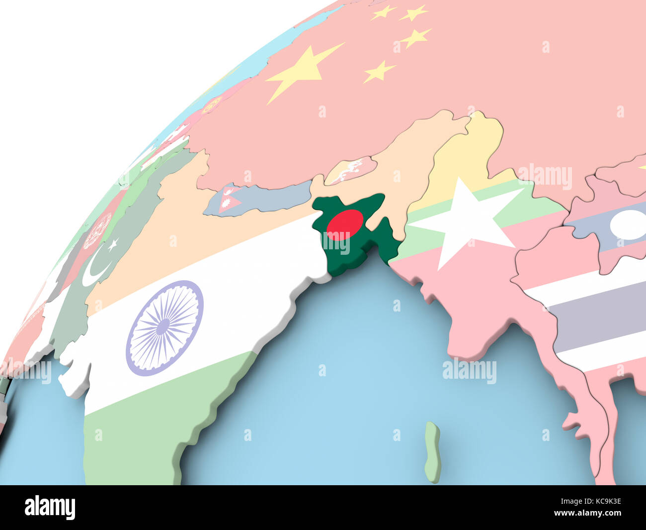 Map of Bangladesh on political globe with embedded flag. 3D