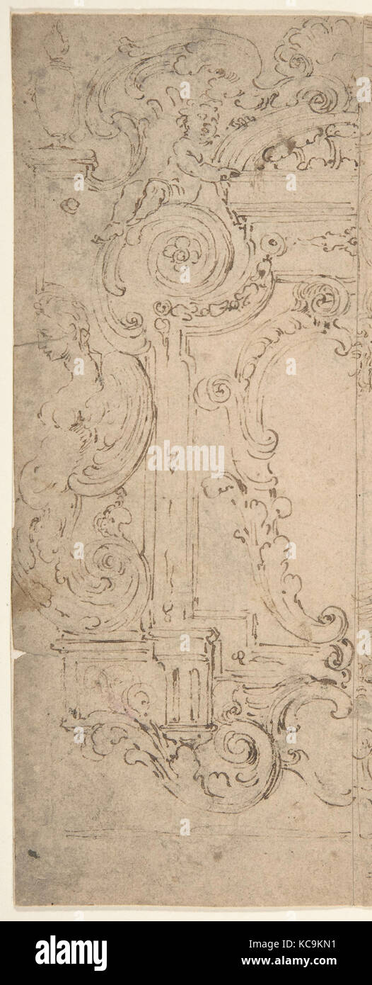 Two Alternatives Designs for a Cartouche Decorated with a Frame, Statues, and Volutes., Michelangelo Colonna, 1604–87 Stock Photo