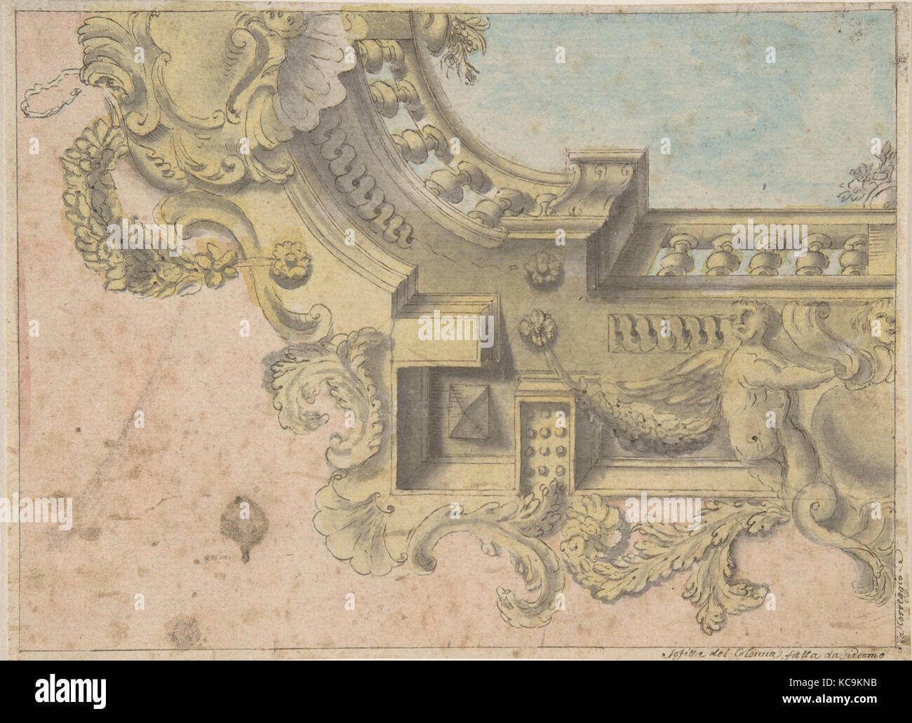 Design for a Decorated Ceiling with Putti and Garlands and a Forshortening of a Balustrade Around an Oculus Stock Photo
