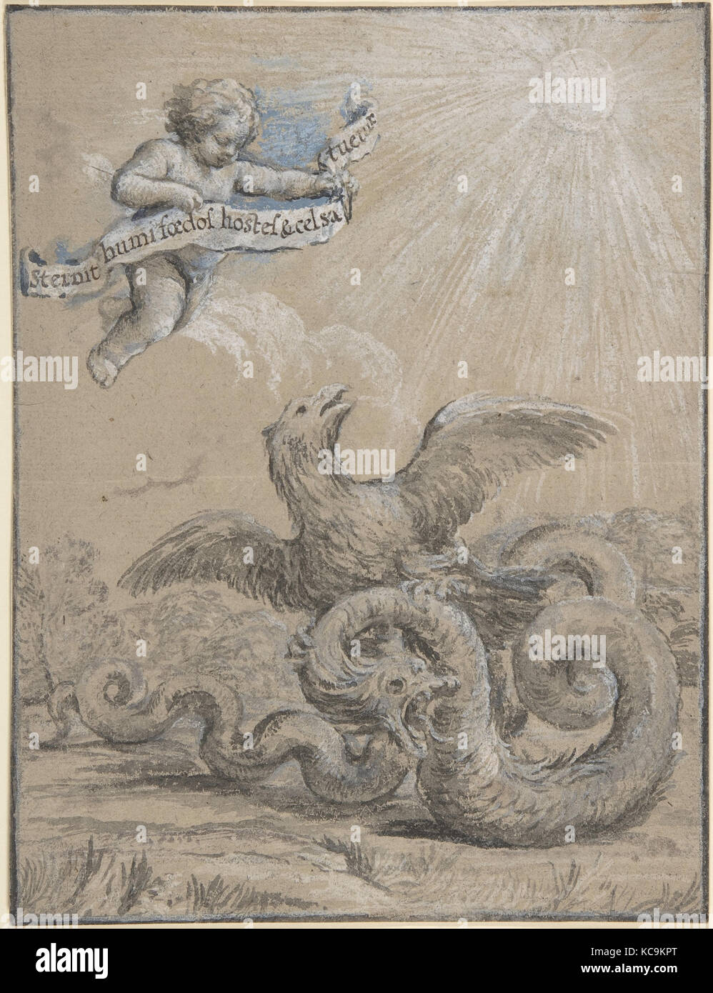 Design with an Eagle Fighting with a Serpent and a Putto in the Sky Holding an Inscribed Banner., Pietro da Cortona, 17th c Stock Photo