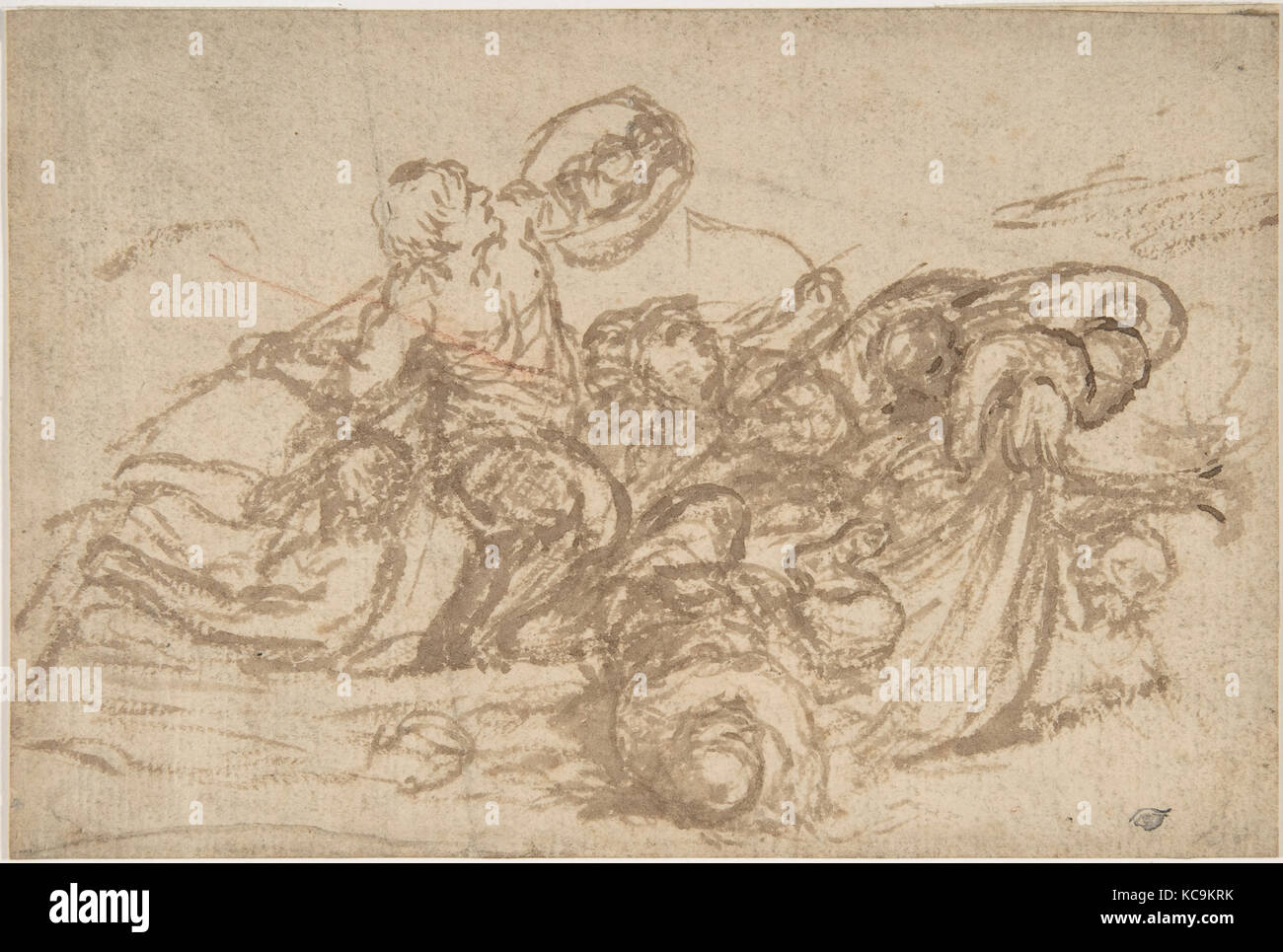 Sea Battle, 1596–1669, Brush and brown wash, 4 3/4 x 7 1/16in. (12.1 x 18cm), Drawings, Pietro da Cortona (Pietro Berrettini Stock Photo
