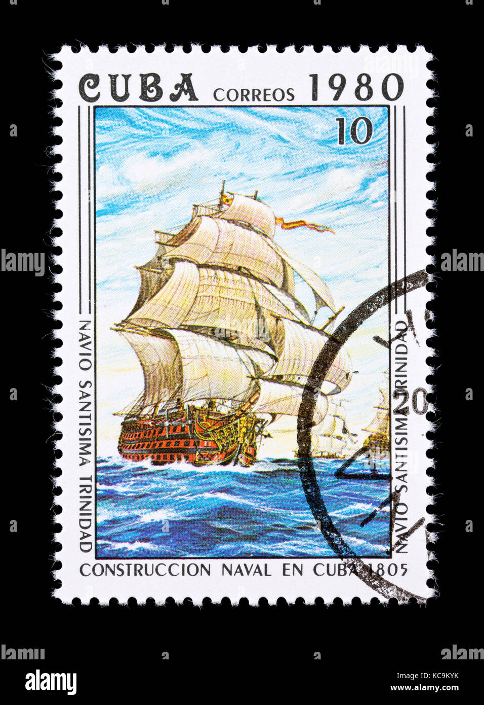 Postage stamp from Cuba depicting the naval warship Santisima Trinidad Stock Photo