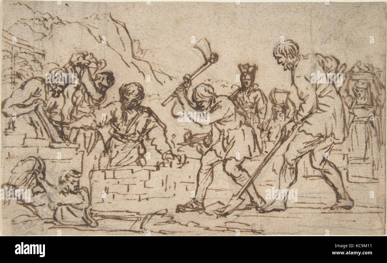 Men Digging and Constructing a Wall., Pietro da Cortona, 17th century Stock Photo
