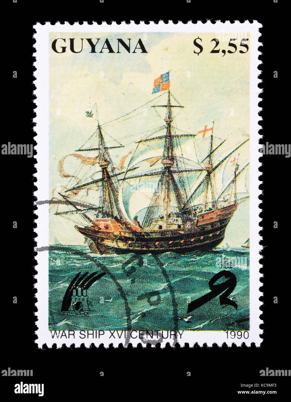 Postage stamp from Guyana depicting a 16'th century warship Stock Photo