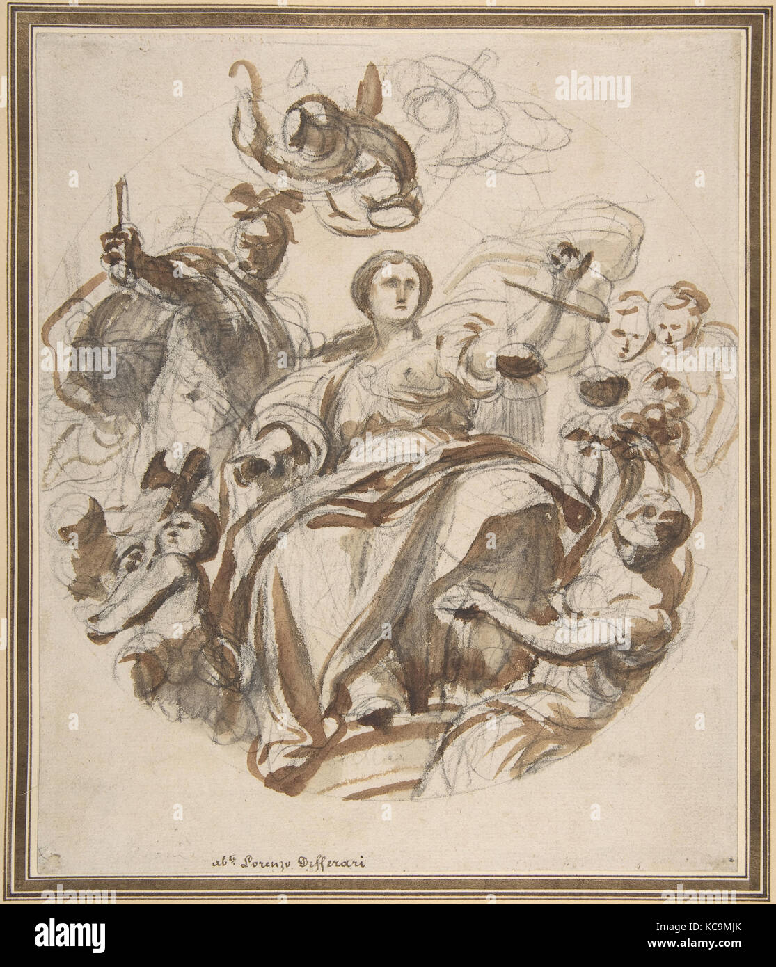 Study of Justice Dispensing Rewards to the Arts (recto); Study of a Lunette and Spandrel (verso), Lorenzo de' Ferrari, 1680–1744 Stock Photo