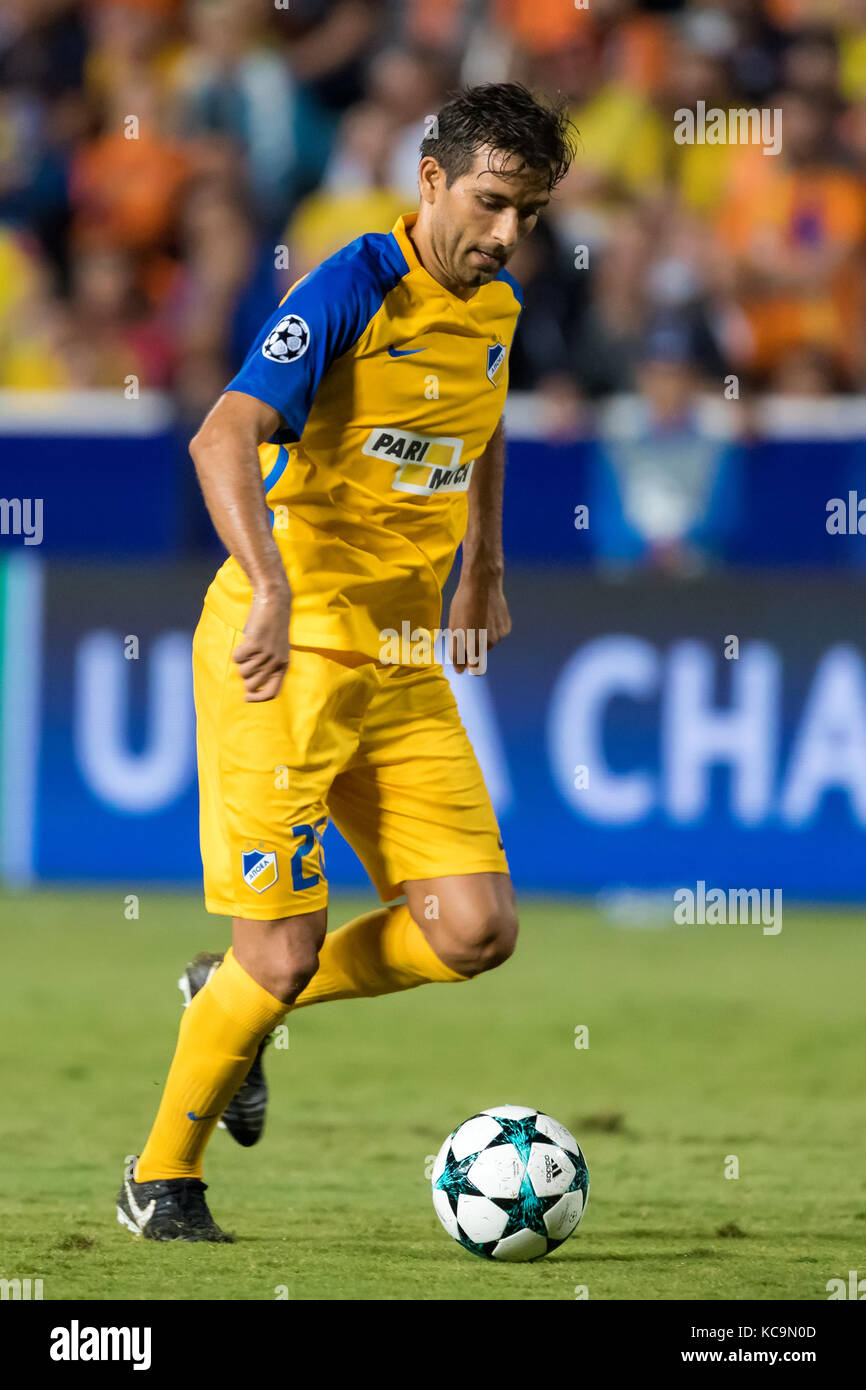 Nicosia, Cyprus - Semptember 26, 2017: Player of APOEL Nuno Morais in action during the UEFA Champions League game between APOEL VS Tottenham Hotspur Stock Photo