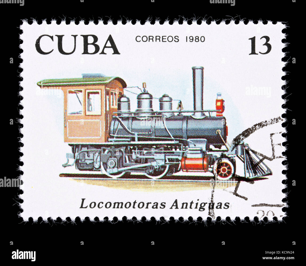 Postage stamp from Cuba depicting a 2-4-0 early steam locomotive/ Stock Photo
