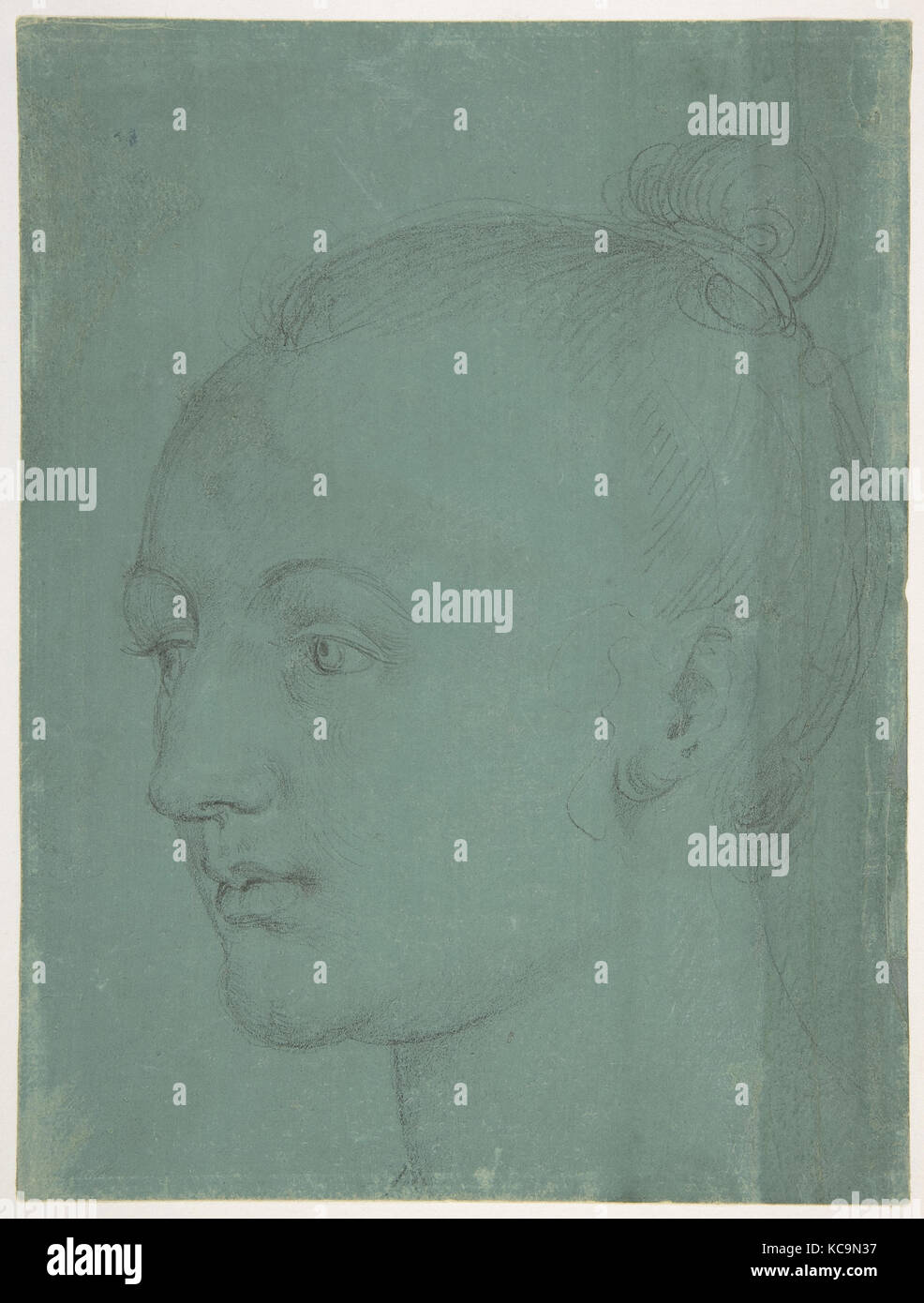Head of a Young Woman, 1522, Black chalk highlighted with white chalk (abraded) on green prepared paper., 7 7/8 x 5 15/16 in. (2 Stock Photo