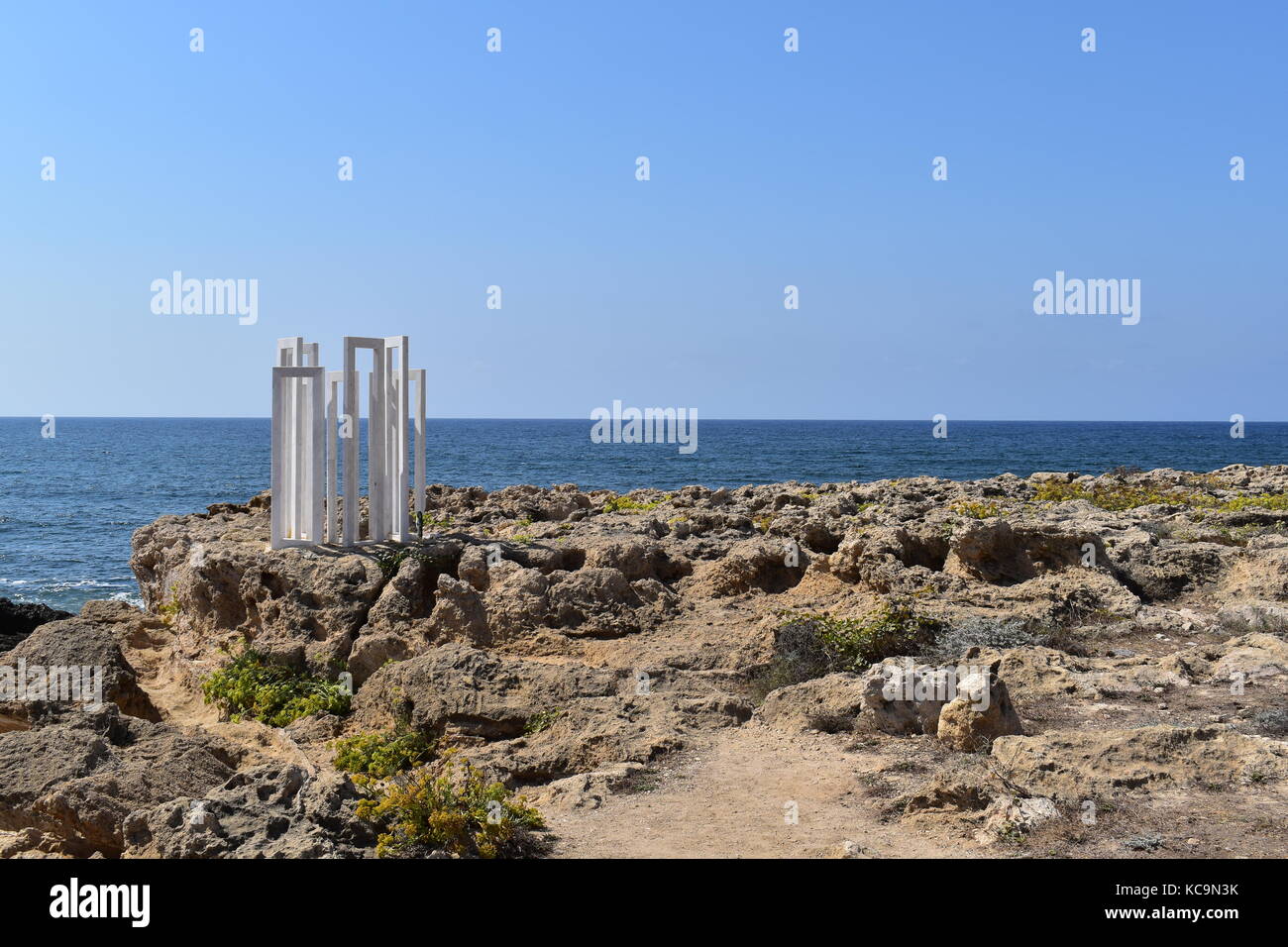 Geometric sculpture by Cypriot artist Charis Paspallis on Paphos seafront, as part of the Pafos2017 European Capital of Culture framework. Stock Photo
