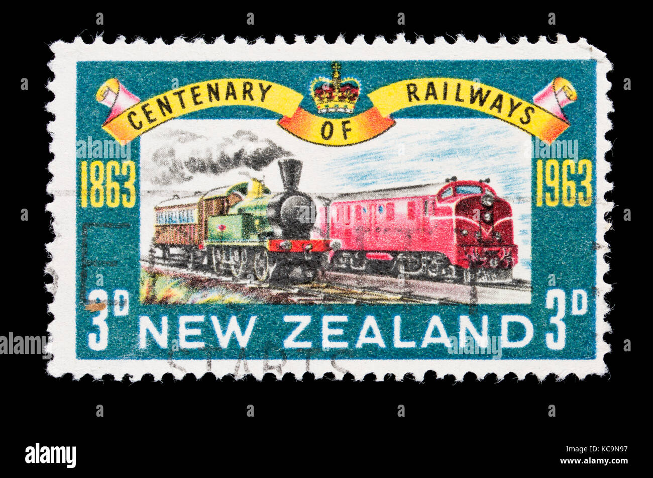Postage stamp from New Zealand depicting old and new locomotives, for the centennial of New Zealand railroads. Stock Photo