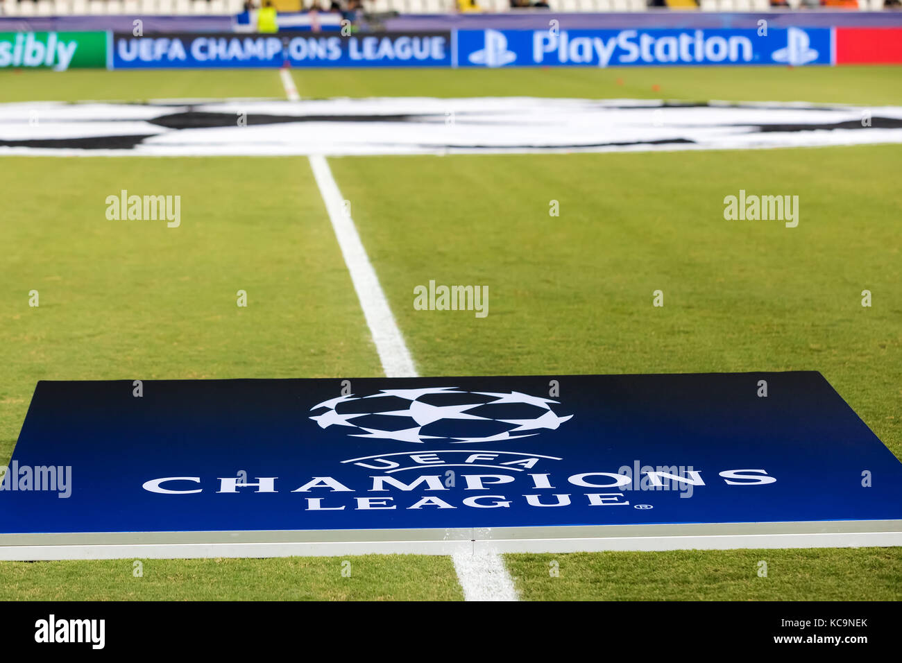 Nicosia, Cyprus - Semptember 26, 2017: UEFA Champions League Logo on racetrack before the UEFA Champions League game between APOEL VS Tottenham Hotspu Stock Photo