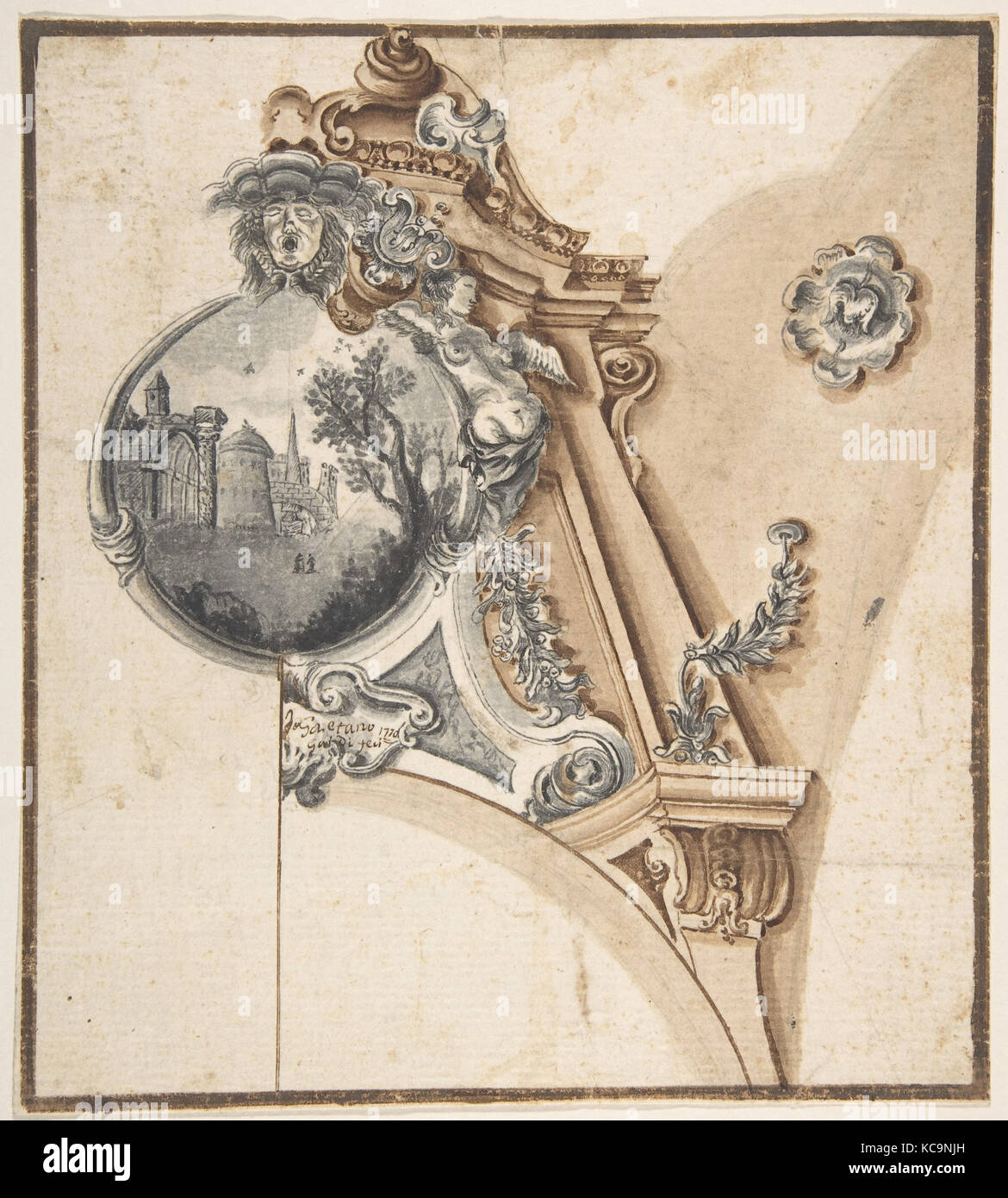 Decoration over an Arch with a Landscape Scene in a Round Compartment, Gaetano Galdi, 177, 1770 Stock Photo