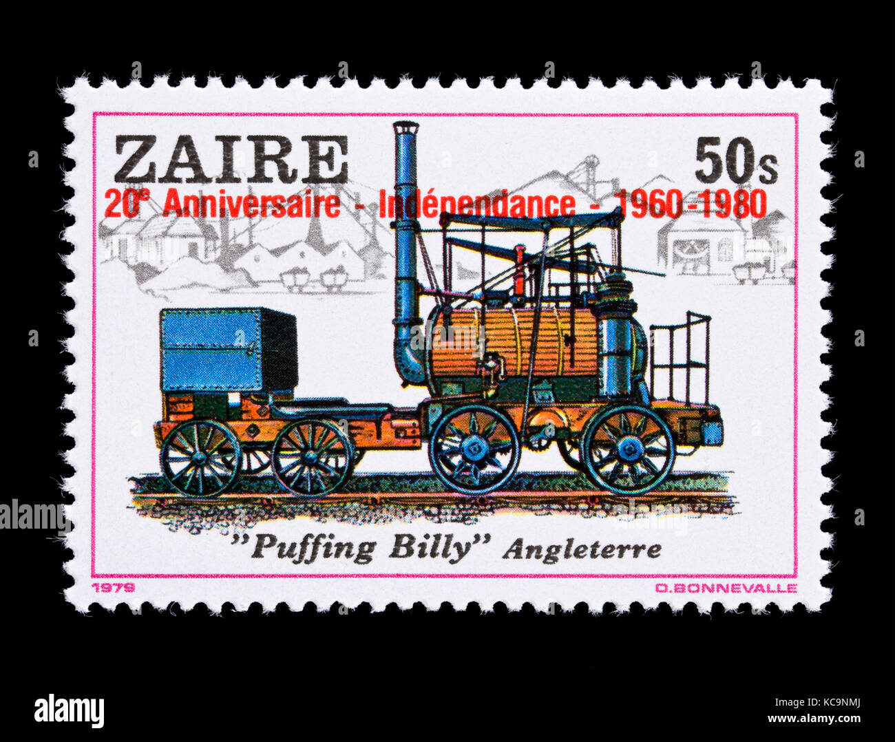 Postage stamp from Zaire depicting the early steam locomotive Puffing Billy. Stock Photo
