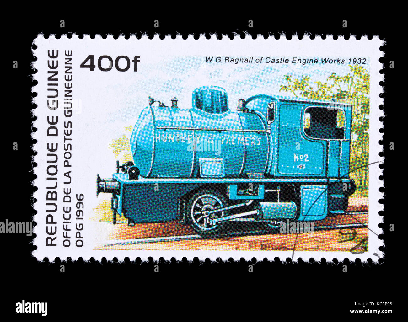Postage stamp from Guinea depicting W. G. Bagnall steam locomotive of the Castle Engine Works, 1932. Stock Photo