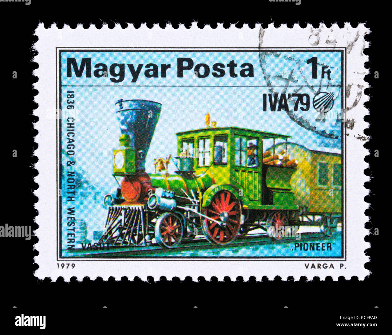 Postage stamp from Hungary depicting Pioneer, Chicago and Northwestern Railroad for the International Transportation Exhibition (IVA 79) in Hamburg Stock Photo