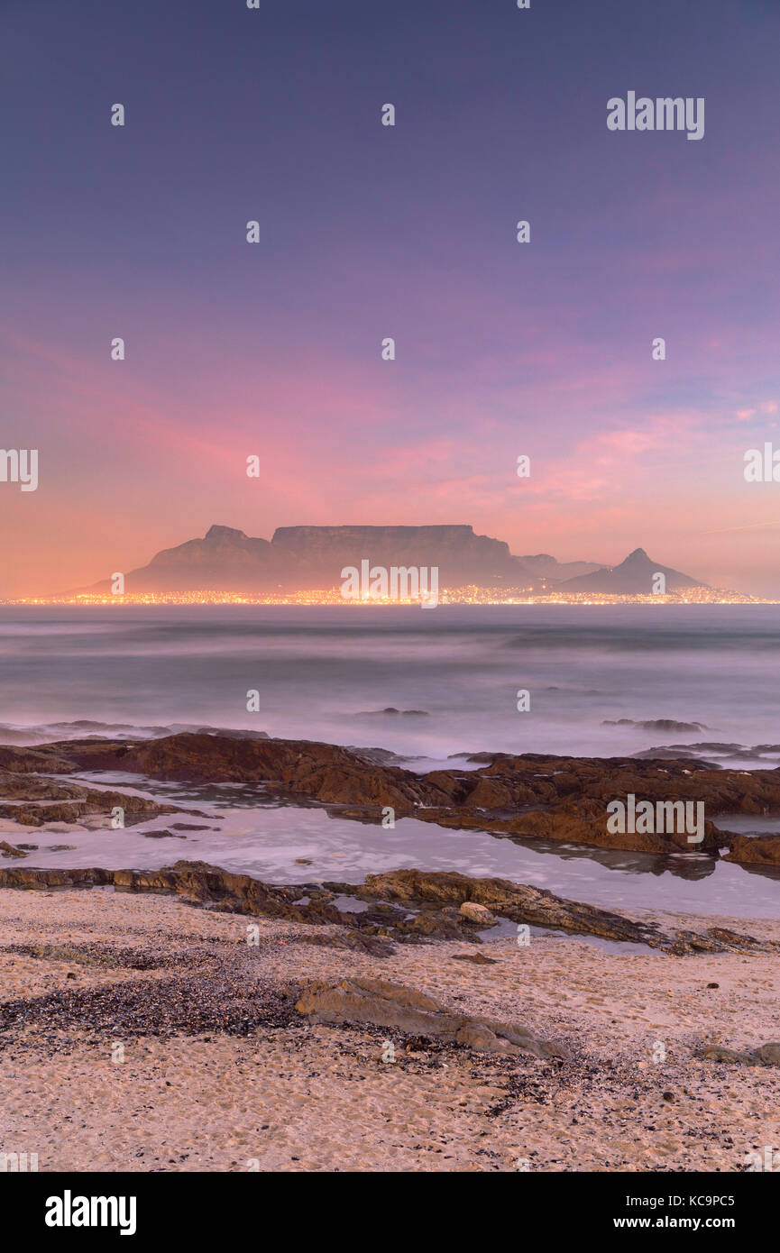 View of Table Mountain from Bloubergstrand at sunset, Cape Town, Western Cape, South Africa Stock Photo
