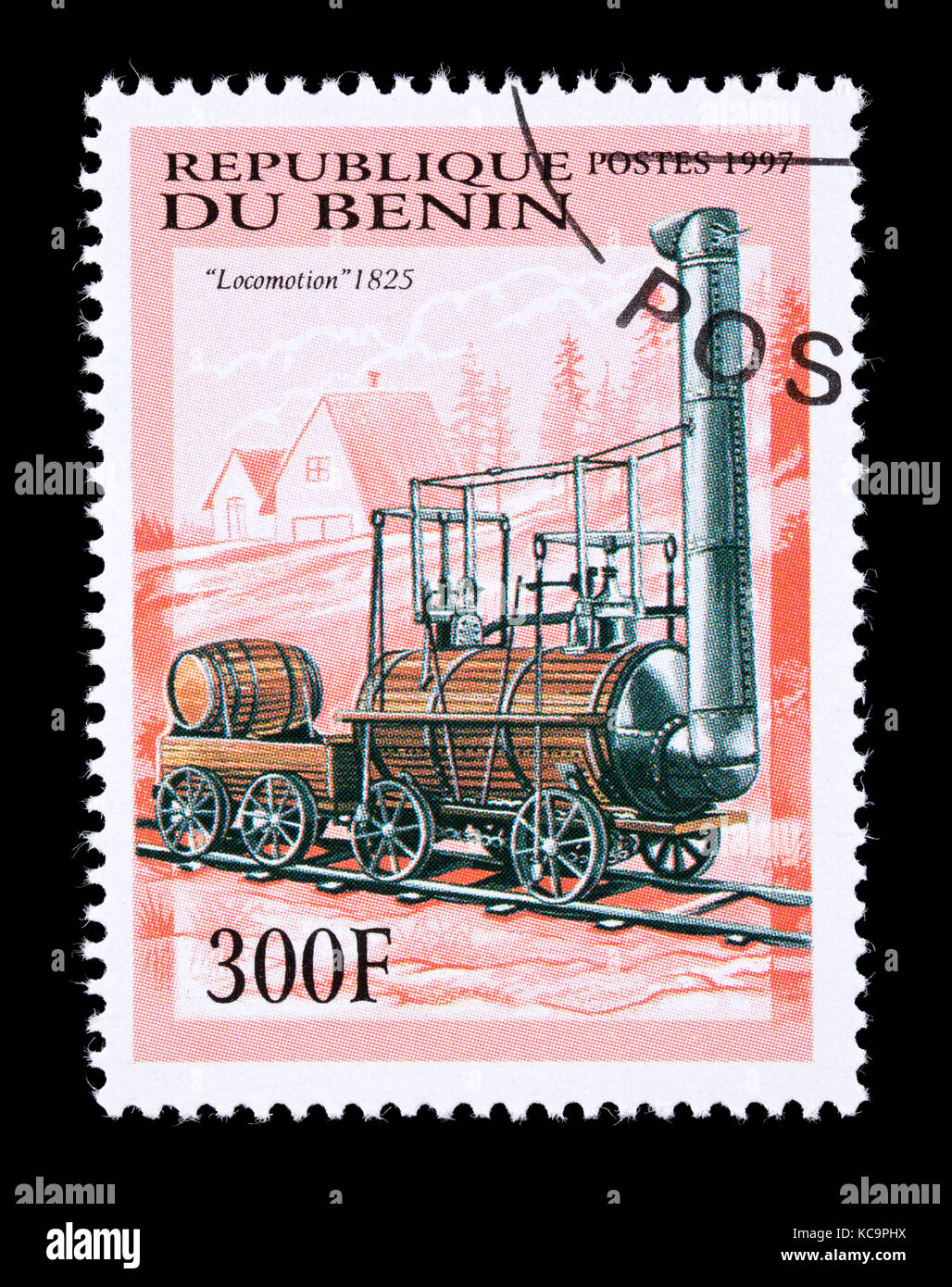 Postage stamp from Benin depicting the steam engine Locomotion from 1825. Stock Photo