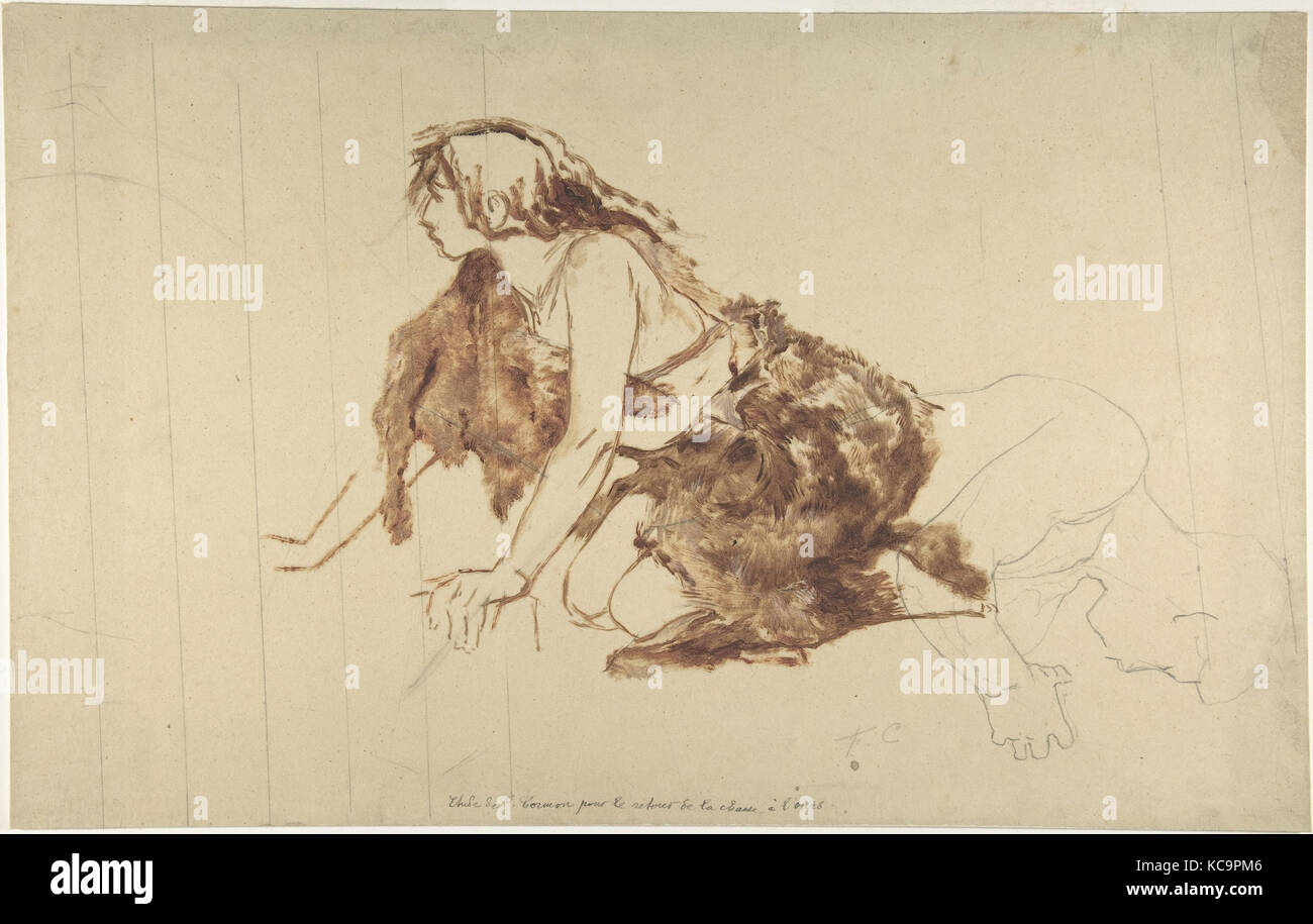 Crouching Woman, n.d., Graphite and oil paint, Sheet: 12 3/8 x 19 5/8 in. (31.4 x 49.8cm), Drawings, Fernand Cormon (French Stock Photo